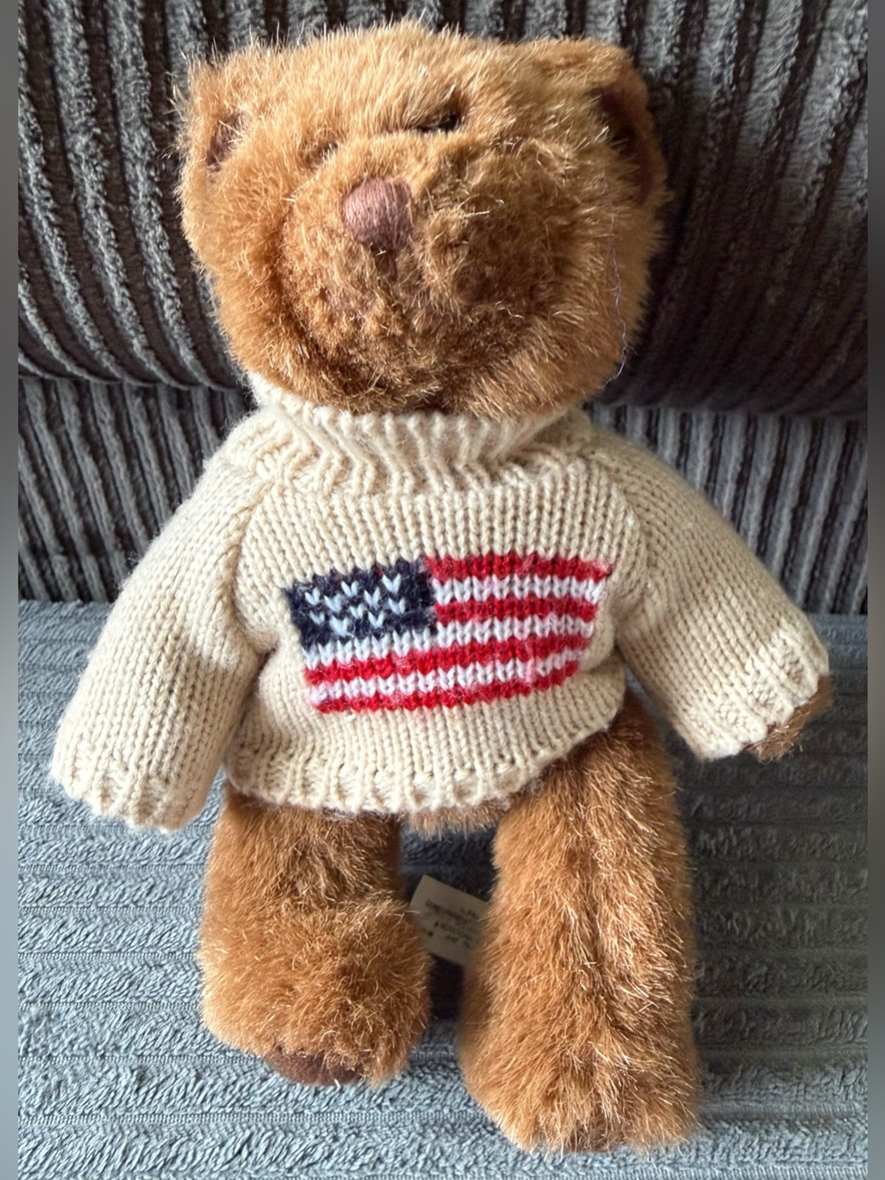 VTG Russ Brown Plush Teddy Bear with Cream Tag American Flag Sweater